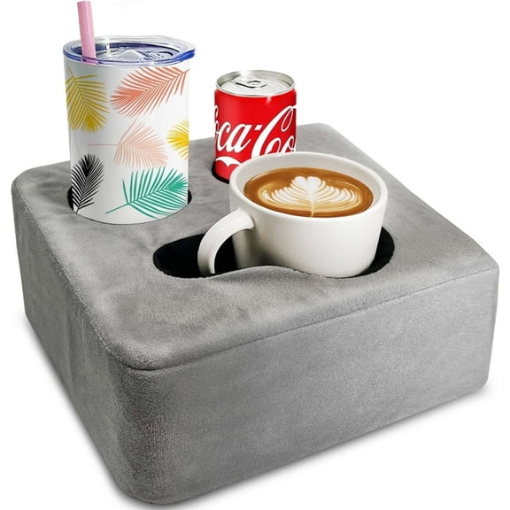 Couch Cup Holder Pillow, Poedist Couch Cup Holder Tray! Keep Your Drinks Hand Side and KeepTemp, Prevent Spills and Use Anywhere. Cup Holder for Couch, Bed, Man Cave, Car, Park, Beach. Grey