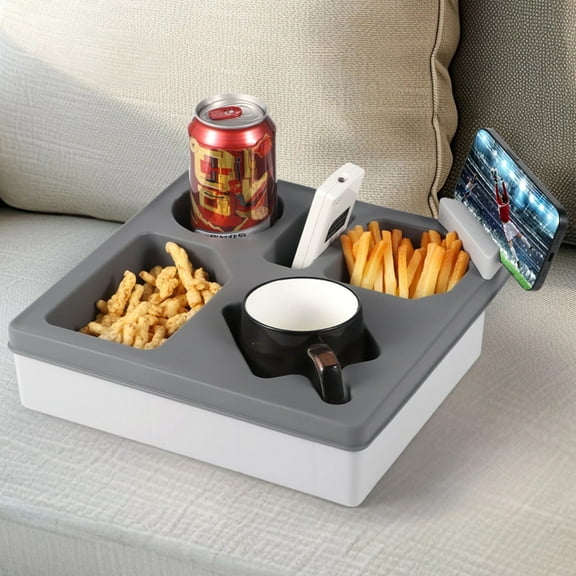 Couch Cup Holder Tray, 10.8 x 10.8 x 3 Inches Silicone Sofa Couch Caddy Tray, Bed Seat Beach Organizer, Waterproof Sofa Cup Holder with Phone Stand for TV Remote Snacks Drinks Cellphone