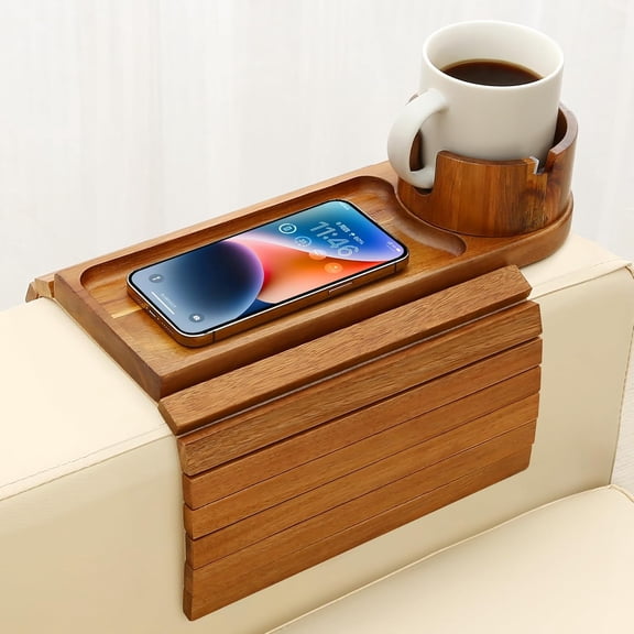 Couch Cup Holder Tray, 15.75" Acacia Wood Armrest Table, 3 in 1 Foldable Sofa Clip on Side Table with 360 Phone Stand, Tray for Coffee Snacks
