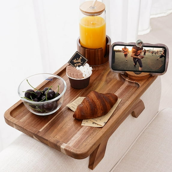 Couch Cup Holder Tray, 3 in 1 Large 15.36"x9.85" Acacia Wood Sofa Arm Clip on Tray Table with 360°Rotated Phone Holder on Armrest
