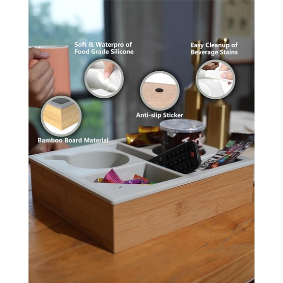 Couch Cup Holder Tray, Handy Silicone Bamboo Couch Caddy with Rotatable Phone Holder for Bed Car Seat Organizer, Waterproof Anti-Spill Sofa Cup Holder for Snacks Beverage Remote (White)
