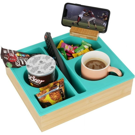 Couch Cup Holder Tray, Hitseon Handy Silicone Bamboo Couch Caddy with Rotatable Phone Holder for Bed Car Seat Organizer, Waterproof Anti-Spill Couch Drink Holder for Snacks Beverage Remote (Green)