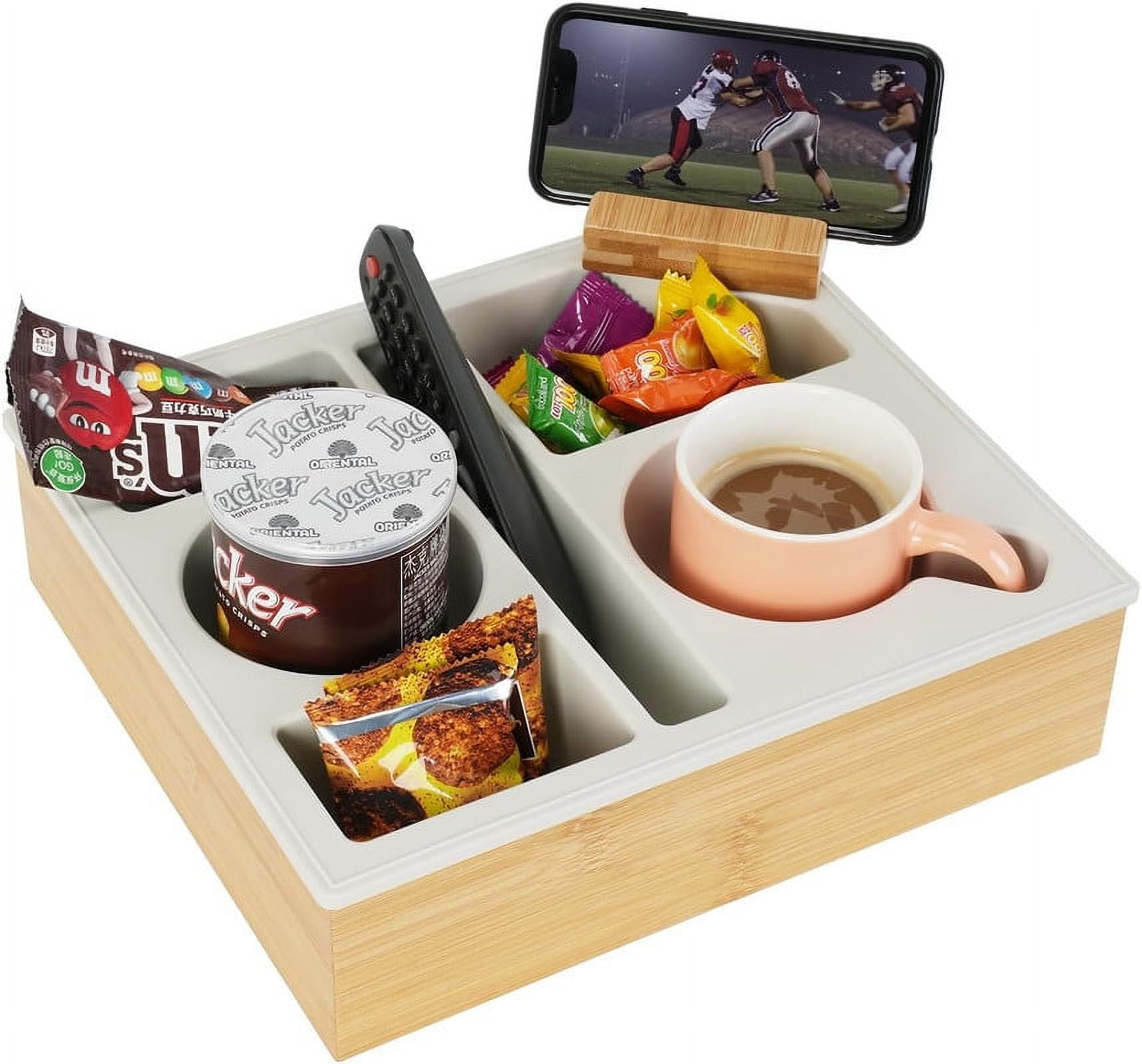 Couch Cup Holder Tray, Hitseon Handy Silicone Bamboo Couch Caddy with Rotatable Phone Holder for Bed Car Seat Organizer, Waterproof Anti-Spill Sofa Cup Holder for Snacks Beverage Remote (White)