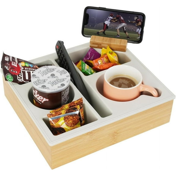 Couch Cup Holder Tray, Hitseon Handy Silicone Bamboo Couch Caddy with Rotatable Phone Holder for Bed Car Seat Organizer, Waterproof Anti-Spill Sofa Cup Holder for Snacks Beverage Remote (White)