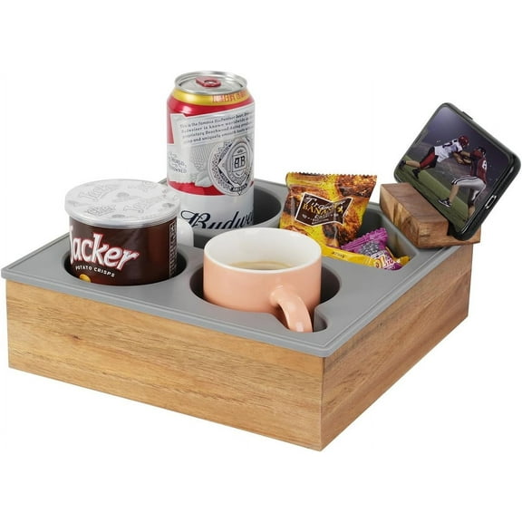 Couch Cup Holder Tray, Hitseon Handy Soft Silicone Acacia Wooden Couch Caddy for Bed Car Seat Beach Organizer, Waterproof Anti-Spill Couch Drink Holder for Snacks Beverage Remote (Gray)