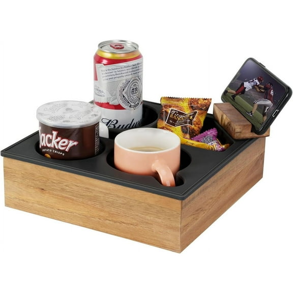 Couch Cup Holder Tray, Hitseon Soft Food Grade Silicone Acacia Wooden Couch Caddy for Bed Car Seat Beach Organizer, Waterproof Anti-Spill Couch Drink Holder for Snacks Beverage Remote (Black)