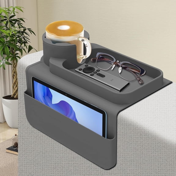 Couch Cup Holder Tray, Silicone Sofa Armrest organizer with Side Pockets Couch Caddy Arm Tray for Drinks/Phone Tablet/Remote/Snacks, Fits Wide Arms, Gray