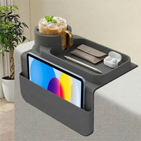 Couch Cup Holder Tray, Silicone Sofa Armrest organizer with Side Pockets Couch Caddy Arm Tray for Drinks/Phone Tablet/Remote/Snacks, Fits Wide Arms, Gray