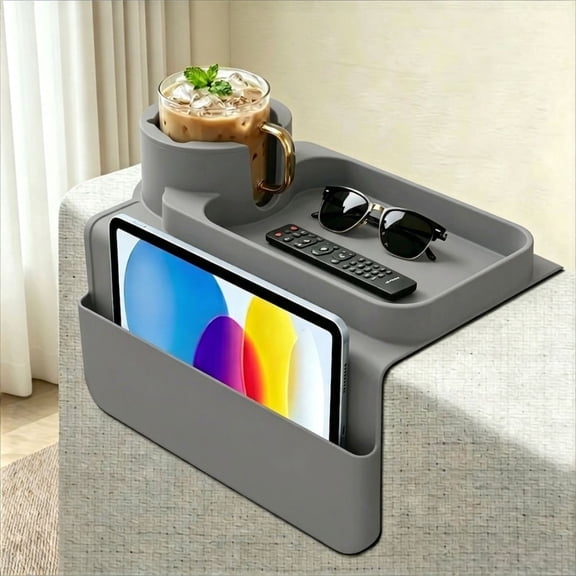 Couch Cup Holder Tray, Silicone Sofa Armrest organizer with Side Pockets Couch Caddy Arm Tray for Drinks/Phone Tablet/Remote/Snacks, Fits Wide Arms, Gray