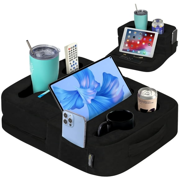 Couch Cup Holder Tray & Tablet Pillow Stand - Bed, Couch Caddy, Sofa, RV & Car - Holds Drinks, Snacks, Remotes, Phones, Tablet | Bed Cup Holder (Black)