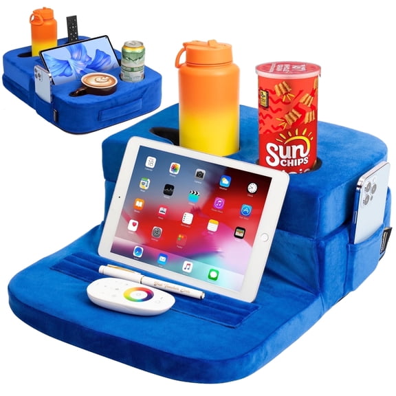 Couch Cup Holder Tray & Tablet Pillow Stand - Bed, Couch Caddy, Sofa- Holds Drinks, Snacks, Remotes, Phones, Tablet | Bed Cup Holder (Blue)