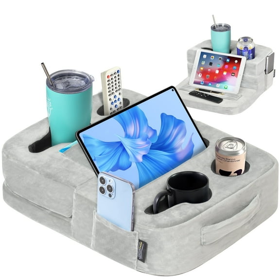 Couch Cup Holder Tray & Tablet Pillow Stand - Bed, Couch Caddy, Sofa, RV & Car - Holds Drinks, Snacks, Remotes, Phones, Tablet | Bed Cup Holder (Grey)