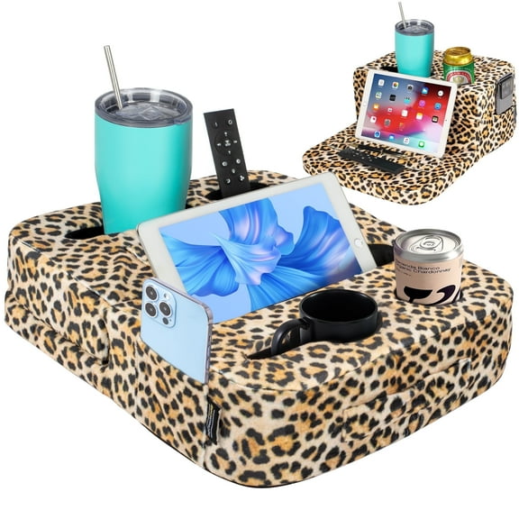 Couch Cup Holder Tray & Tablet Pillow Stand - Bed, Couch Caddy, Sofa, RV & Car - Holds Drinks, Snacks, Remotes, Phones, Tablet | Bed Cup Holder (Leopard)