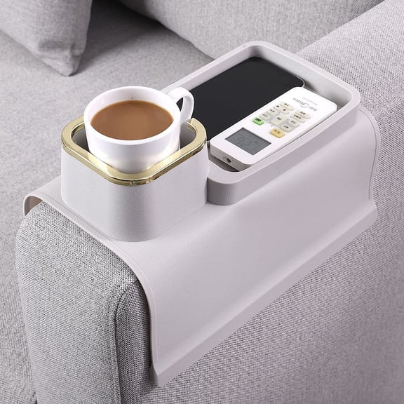 Couch Cup Holder Tray  Weighted Silicone Sofa Armrest Organizer Table with Anti-Spill Coaster, Easy Reach for Drink, Snacks, Remote & Phone, Non-Slip Base, Clean