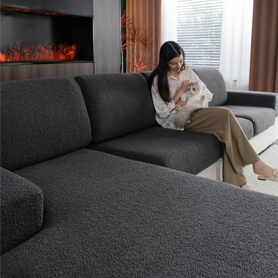 Couch Covers for L-Shape Sectional Sofa, Stretch Soft Sofa Slipcovers, Washable Wear-Resistant Furniture Protector with Elastic Bottom (1 Piece Small Cover, Dark Gray)