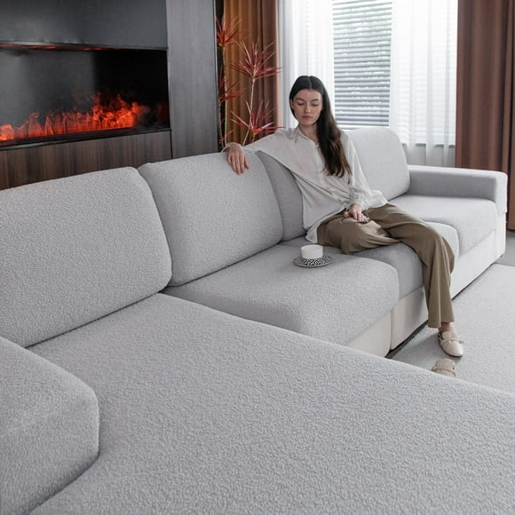 Couch Covers for L-Shape Sectional Sofa, Stretch Soft Sofa Slipcovers, Washable Wear-Resistant Furniture Protector with Elastic Bottom (1 Piece Large Cover, Light Gray)