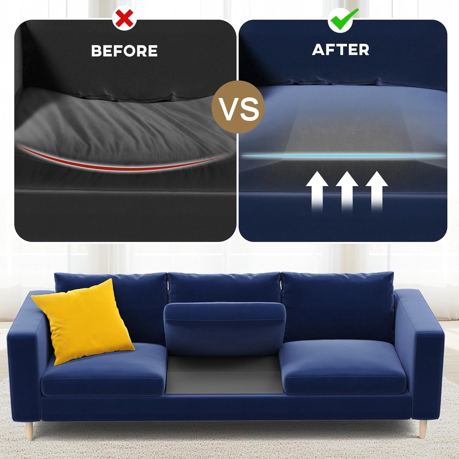 Couch Cushion Support for Sagging Seat - 24" x 24" High-Density Trapezoid 35D Foam Sofa Cushion Supports, Couch Supporter for Under The Cushions, Grey Set of 3