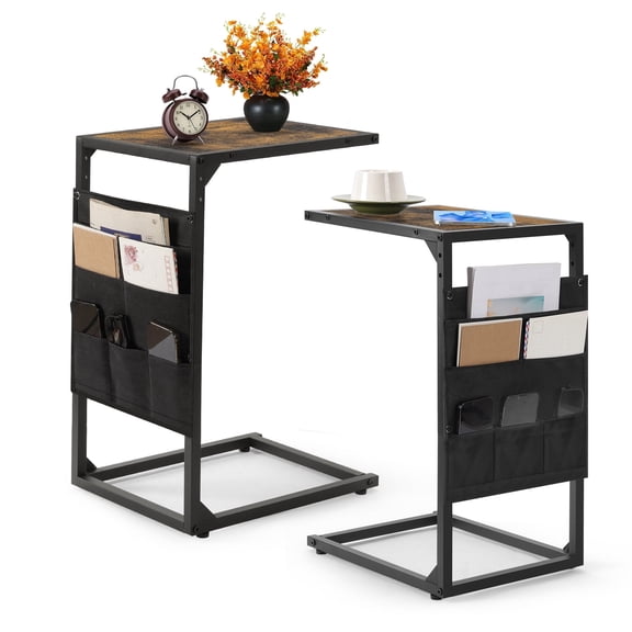 Couch End Tables Set of 2, TV Trays for Eating on Couch Tables that Slide Under, Dinner Snack Coffee Sofa C Shaped Side Table, Small Stand TV Tray with Fabric Storage Bag, for Couches Living Room