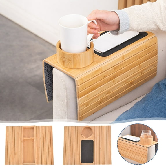 Couch Hack - 2025 New Couch Hacks, Bamboo Couch Cup Holder, Foldable Bamboo Tray with Cup Holder, Bamboo Sofa Arm Tray Couch Cup Holder Armrest Table, Couch Organizer Caddy Armrest Tray