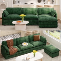 Lofka 110.2" Green Corduroy Cloud Sofa, L-Shaped Modular Convertible Bed with Movable Ottoman