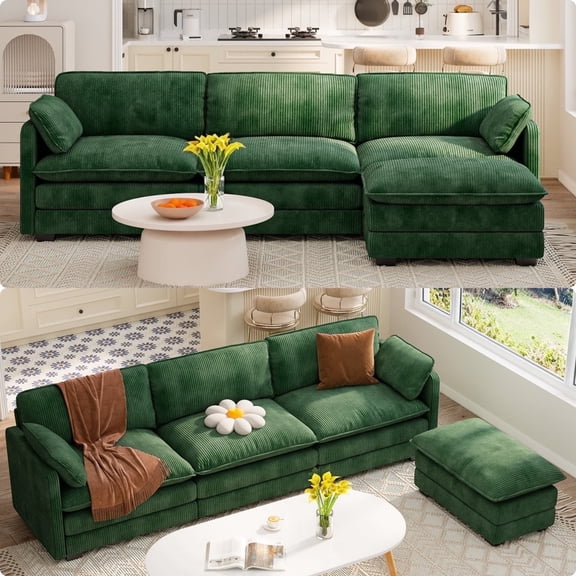 Lofka 110.2" Green Corduroy Cloud Sofa, L-Shaped Modular Convertible Bed with Movable Ottoman