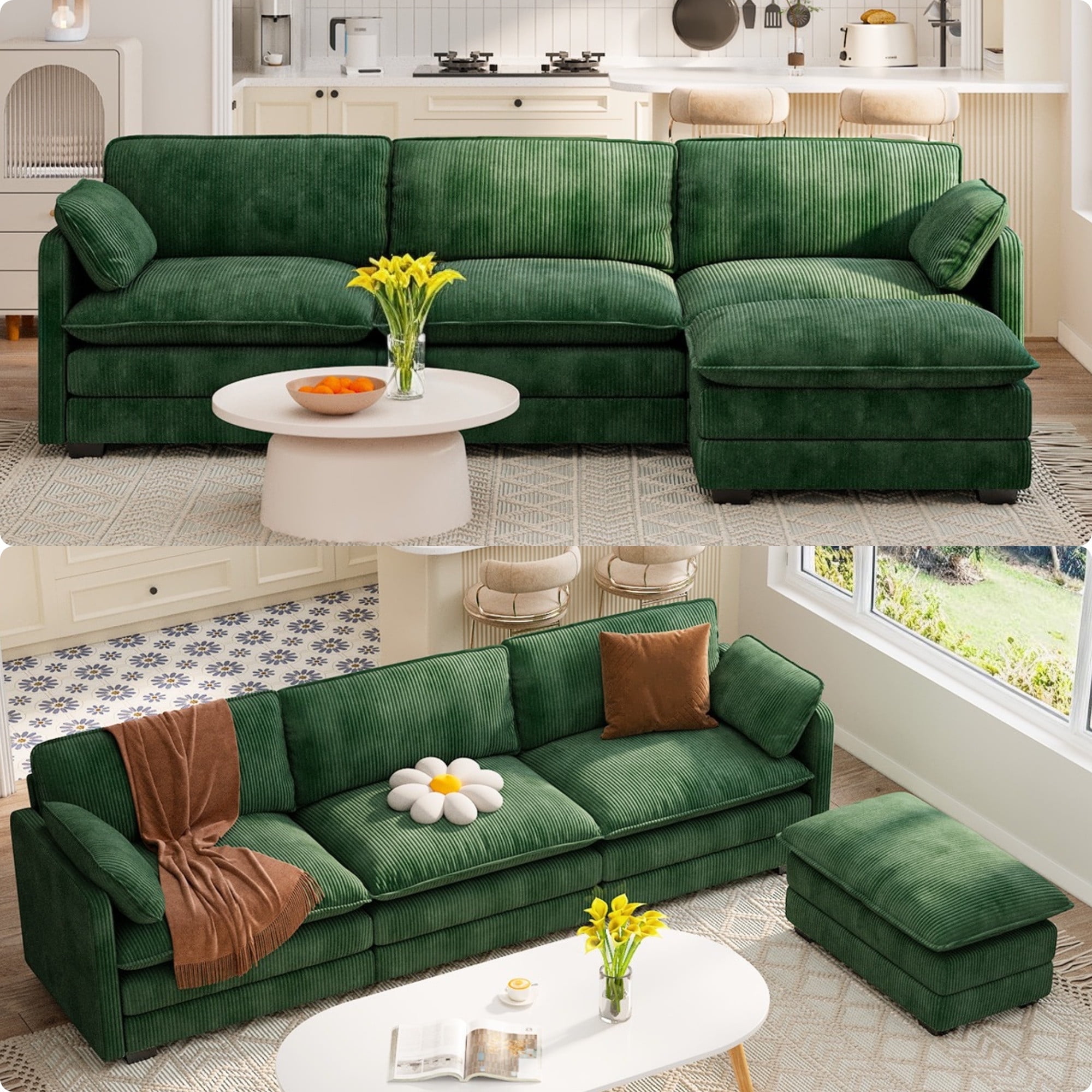 Lofka Modular Sectional Sofa Bed with Double Layer Cushions and Movable Ottoman, Modern Comfy Cloud Couch for Living Room, DIY Combination, Green