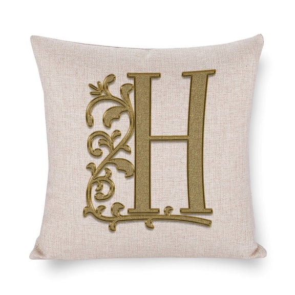 Couch Pillow Beautiful Gold Floral Monogram Initial H Custom Pillows Cover 16"x16" English Letters Floral Linen Cushion Case Home Decor Throw Pillows Cover