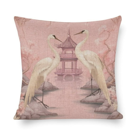 Couch Pillow Chinoiserie Light Pink Pagoda And Cranes Pillowcases 16"x16" Chinoiserie Chic Asian Farmhouse Pillow Cover Pillows for Couch Sofa Patio Furniture Home Decor