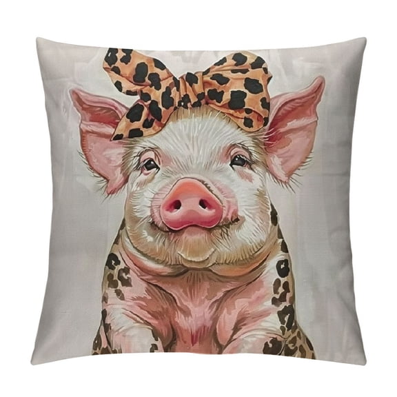 Couch Pillow Cover Pig, Funny Pig with Leopard Bow Decorative Throw Pillowcase Cushion Cover Inch Pink Piggy Throw Pillows Covers for Sofa Bedroom Car Living Room