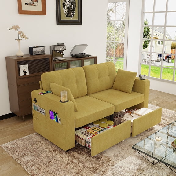 Couch Set, 3 Seats Sofa, USB Charging, Wood Frame, Easy to Install with Storage, Charging Station, Cup Holder, Modern Sectional Sofas for Living Room, Apartment, Chenille Fabric (Yellow)