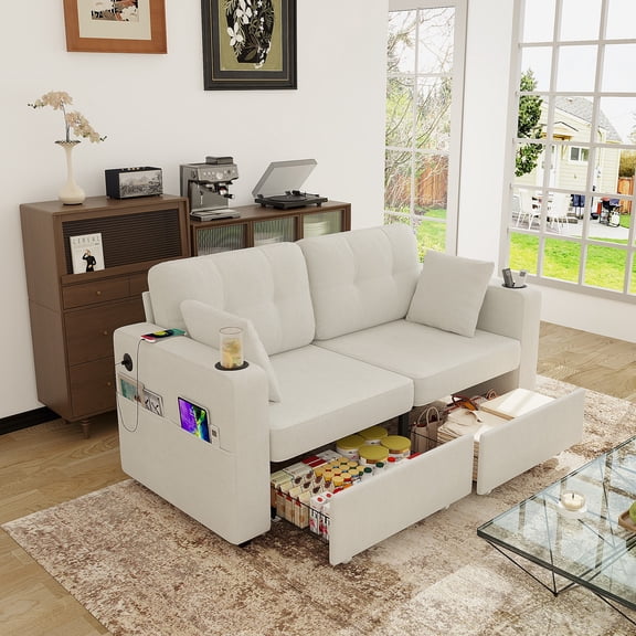 Couch Set, 3 Seats Sofa, USB Charging, Wood Frame, Easy to Install with Storage, Charging Station, Cup Holder, Modern Sectional Sofas for Living Room, Apartment, Chenille Fabric (Beige)