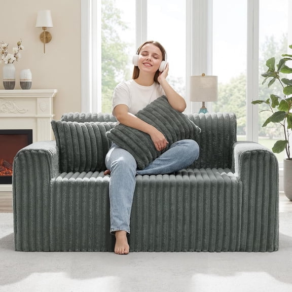 Couch Sofa 2-Seater Foam Sofa Loveseat for Small Spaces Comfy Sofas with Removable Cover Furry Couch with Pillows for Living Room, Bedroom, Apartment, Office (Grey, Loveseat)