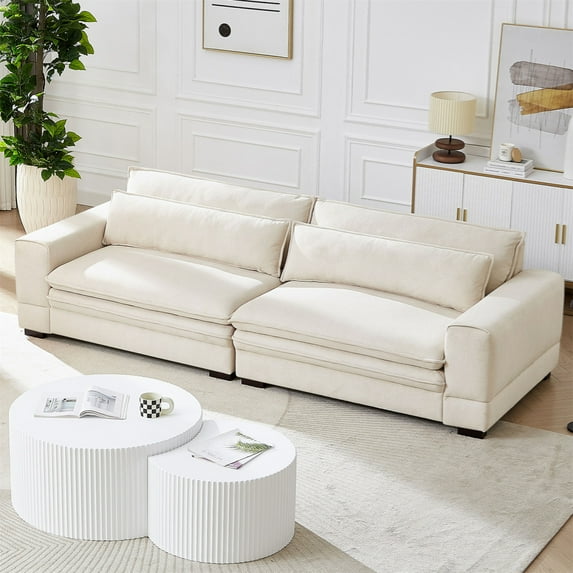 Couch, Sofa with Two Pillows, Upholstered Mid Century Modern Sofa Couch, 104.72 inch Fabric Couches for Living Room Bedroom Apartment Home Office, Beige