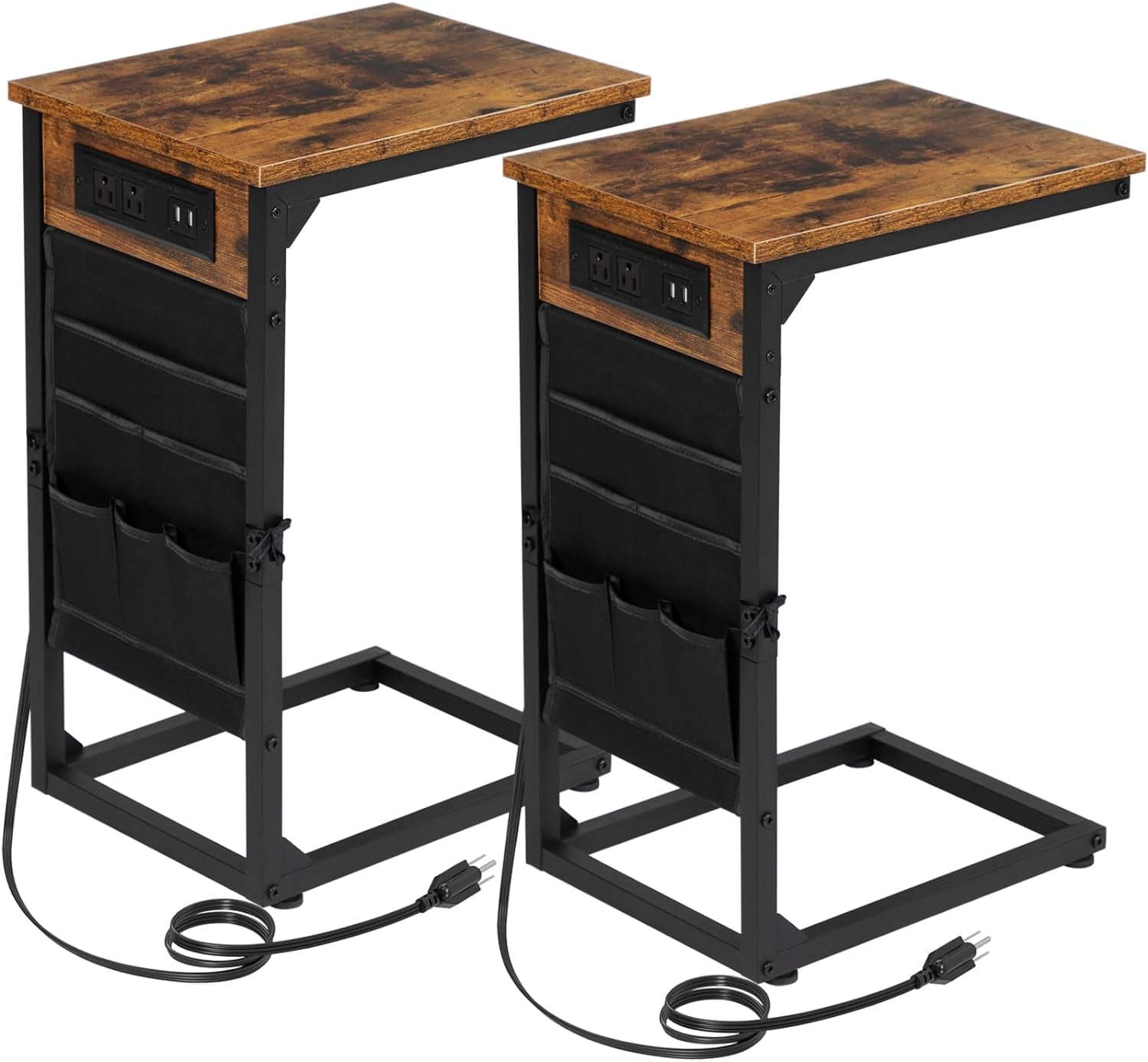 Rustic Brown C Shaped End Table Set with Charging Station