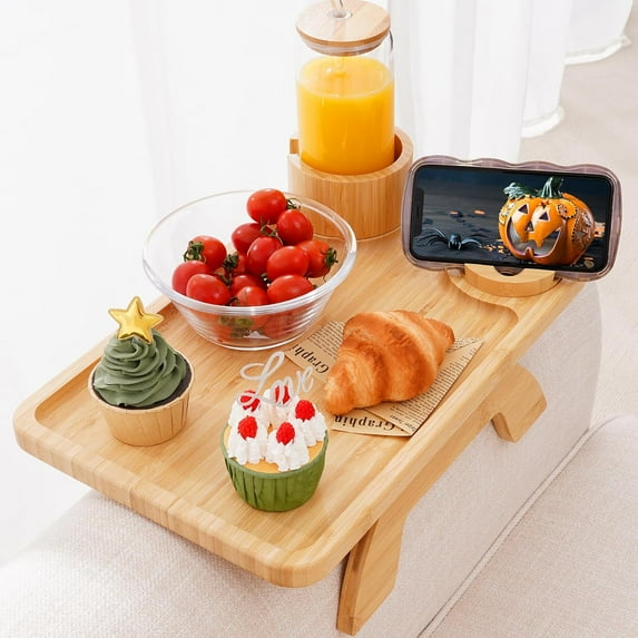 Couch Table on Arm,3 in 1 Large 15.36"x9.85" Bamboo Couch Cup Holder Sofa Arm Clip on TV Tray Table with 360°Rotated Phone/Cup Holder