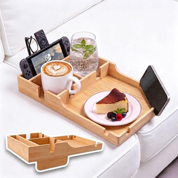 Couch Tray Insert with 2 Cup Holders, 2-in-1 Bamboo Insert & Flat Sofa Organizer, Fits Sectionals or Ottomans for Drinks, Snacks and Remotes, 15.35" x 9.84"