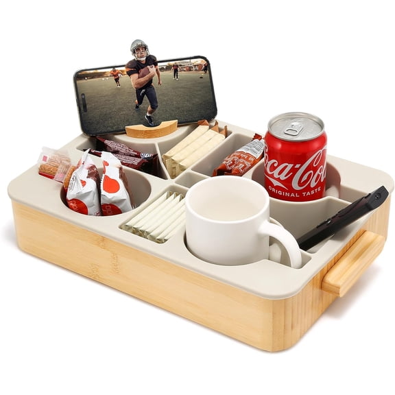 Couch Tray with Removable Silicone Insert, Non-Slip Couch Caddy for Drinks Snacks Remotes, Bamboo Sofa Tray for Deep Couches, Sectionals & Movie Night with Carry Handle 14x10inch
