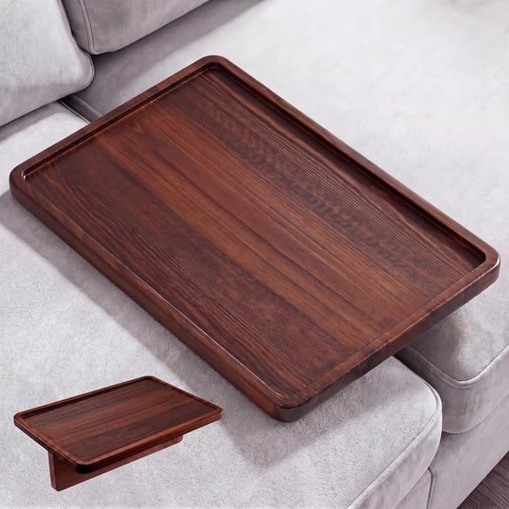 Couch Tray for Sectionals, Cup Holder Sofa Tray with Foldable Insert, 8"x12" Couch Table Tray with Solid Pine Wood (Brown)