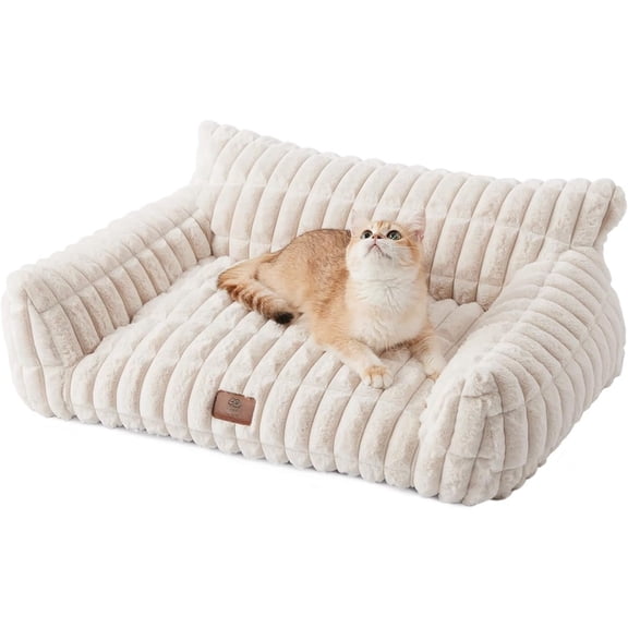 Couch for Pets, 24 inch Plush Pet Sofa, Bed for Indoor Cats with Removable Washable Cover, Supportive Pet Sofa, Cream
