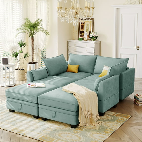 Harper & Bright Designs Couch with Storage Ottoman and Chaise, Light Green