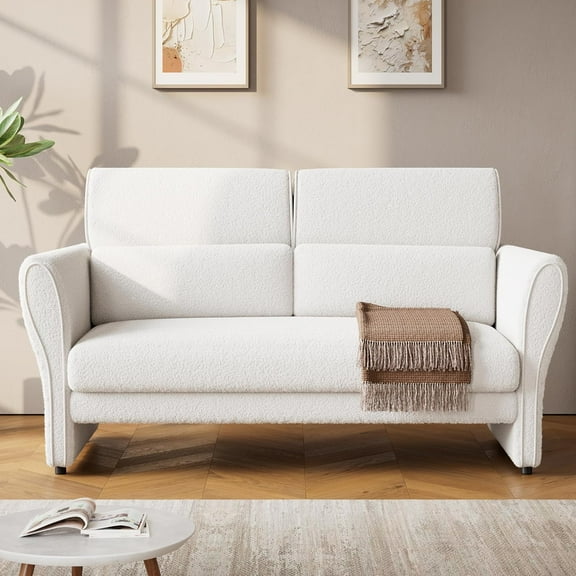 Couches for Living Room, 57" Loveseat Sofa, Modern Boucle Small Couch with High Backrest and Removable Lumbar Pillows, Easy Assembly, Upholstered Comfy Sofa for Bedroom Office, Ivory