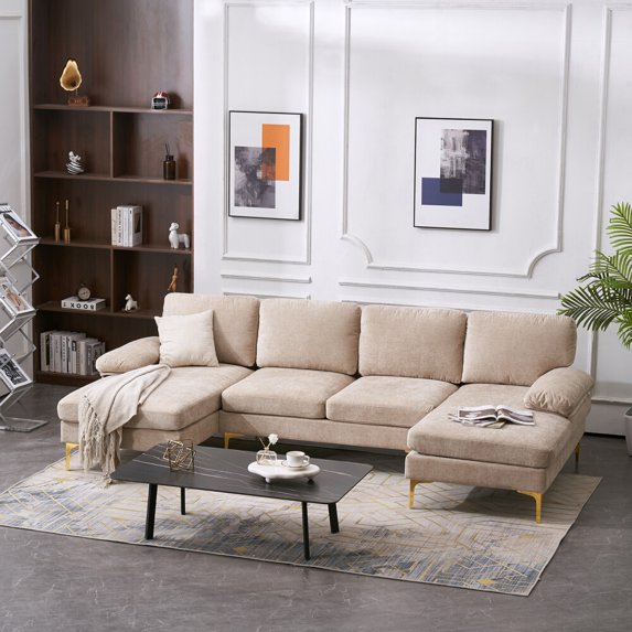 Couches for Living Room, Convertible Sectional Sofa Couch U Shaped Couch in Chenille with 2 Pillows and Metal Legs, 4-seat Modular Sofa for Apartment, Small Space, Lounge, Camel