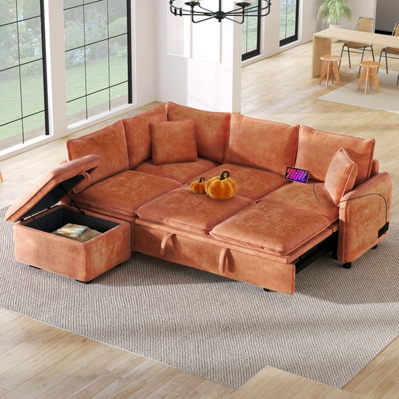 Couches for Living Room, Convertible Sectional Sofa L Shaped Couch with Storage Ottoman & 2 Pillows, Built-in Charging Station, Sofa Couch in Chenille, Modular Sectional Couch for Small Space, Orange