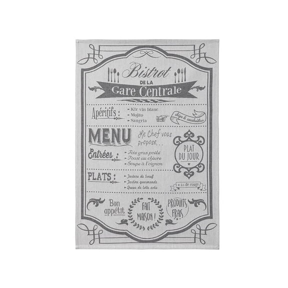 Coucke French Cotton Jacquard Towel, Au Menu Creme, 20-Inches by 30-Inches, Black and Cream