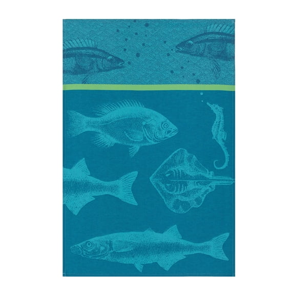 Coucke French Cotton Jacquard Towel, Banc De Poissons (School of Fish) Bleu, 20-Inches by 30-Inches, Turquoise