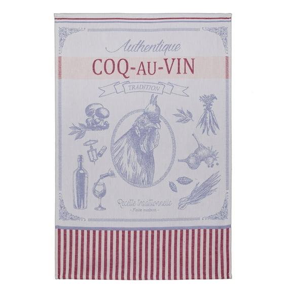 Coucke French Cotton Jacquard Towel French Gourmet Collection, Coq Au Vin (Chicken), 20-Inches by 30-Inches, Red and Blue