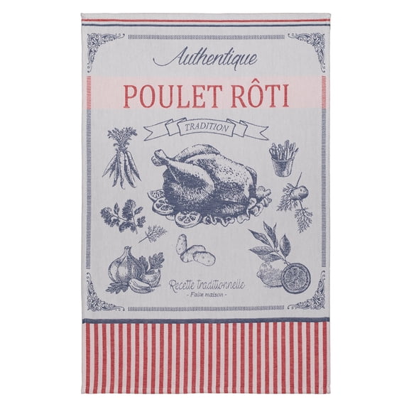 Coucke French Cotton Jacquard Towel French Gourmet Collection, Poulet Roti, (Chicken), 20-Inches by 30-Inches, Red and Blue