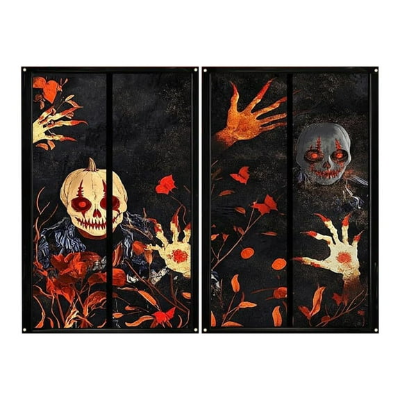 CoudarTitie 2 Pieces Halloween Window Decoration Halloween Window Poster Backdrop Background Horror Skeleton