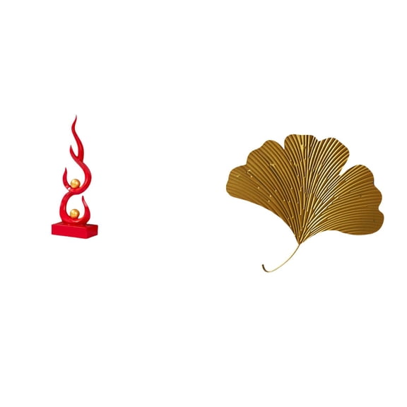 CoudarTitie Abstract Resin Flame Figurine and Wrought Iron Ginkgo Leaves Wall Sculpture Modern Craft Ornament for Office Living Room Hotel Dining Room Restaurant Farmhouse Patio
