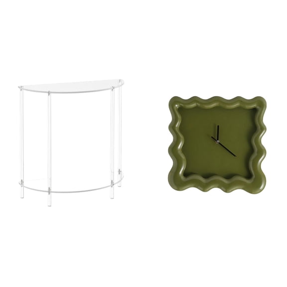 CoudarTitie Acrylic Accent Table and Square Wall Clock Combination for Stylish Small Spaces Modern Home Decor Functional Nightstand and Silent Hanging Ornament